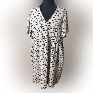 Taupe Baby Doll Wrap Style With Navy‎ and Green Polka Dot Mini Dress Size Large